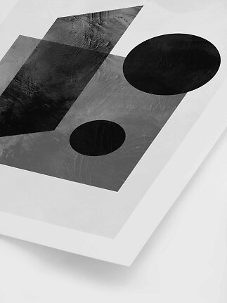 Abstraktes Schwarz-Weiß-Poster mit geometrischen Formen und zwei schwarzen Kreisen