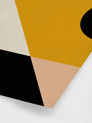 Arte da parete astratta con forme geometriche gialle, nere, bianche e beige e un cerchio nero