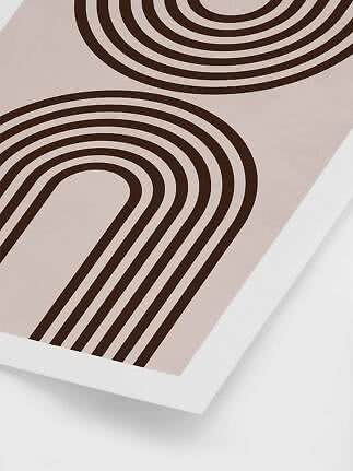 Abstract poster with brown curved lines on a light pink background in a white frame