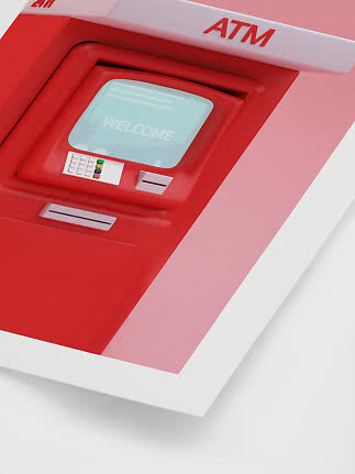 Rød hæveautomat set i nærbillede med skærm, tastatur og kortindgang