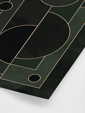 Abstrakt plakat med geometriske former i mørkegrøn, sort og beige linjer