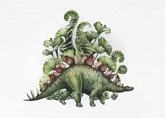 Akvarel af grøn stegosaurus med røde rygplader blandt store bregner på lys baggrund