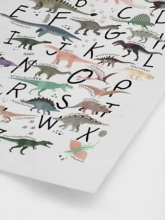 Poster with dinosaur alphabet, colorful dinosaurs and letters on a white background.
