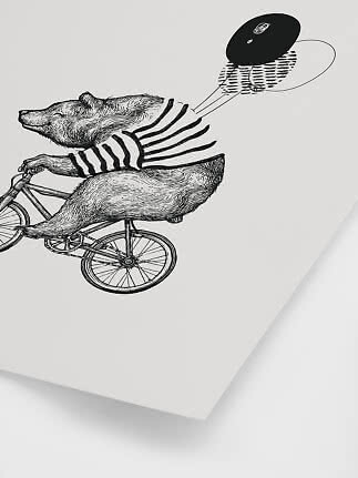Schwarz-weiße Illustration eines Bären auf einem Fahrrad mit Ringelpullover und schwarzem Ballon