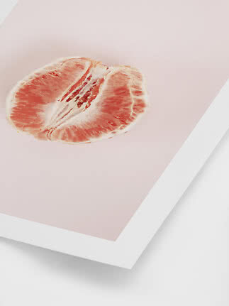 Affiche avec une tranche de pamplemousse rose sur fond rose pâle avec bord blanc