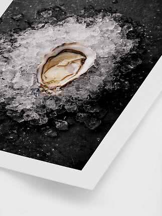 Open oyster on crushed ice against a dark background