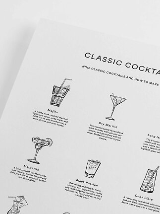 Poster mit klassischen Cocktails, kleinen Illustrationen und Beschreibungen auf weißem Hintergrund