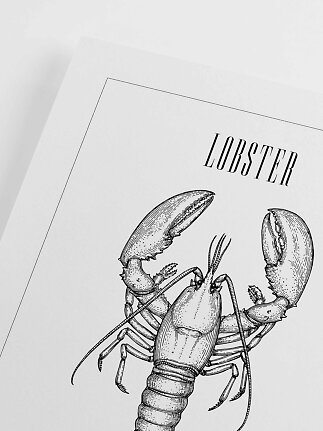 Black and white poster with lobster illustration and the word "LOBSTER"
