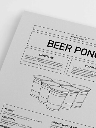 Nærbillede af sort-hvid beer pong-regelplakat med tekstbokse og illustration af plastikkrus