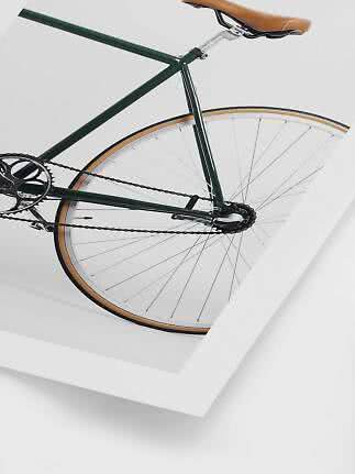 Dunkelgrünes Fahrrad mit braunem Sattel und Hinterrad vor weißem Hintergrund