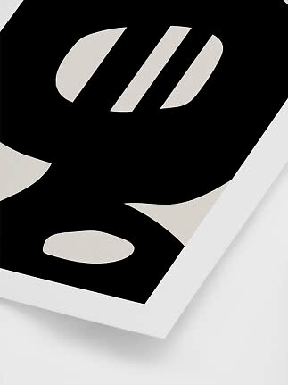 Abstraktes Schwarz-Weiß-Poster mit organischen Formen und diagonalen Streifen im weißen Rahmen