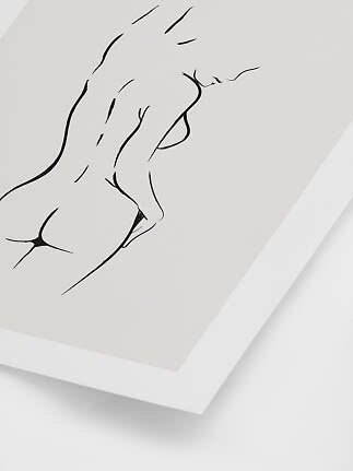 Minimalist line drawing of a male nude torso on a white framed poster