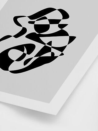 Poster astratto in bianco e nero con forme organiche fluide su sfondo grigio chiaro