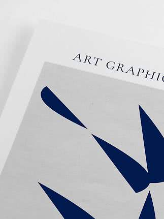 Close-up of abstract art print with dark blue shapes and the text ART GRAPHIC