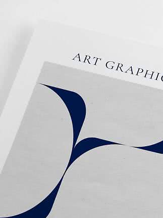 Abstract art print with dark blue flowing shapes on a light background