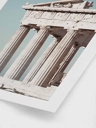 Poster showing a close-up of ancient Greek columns and temple facade against a pale blue sky