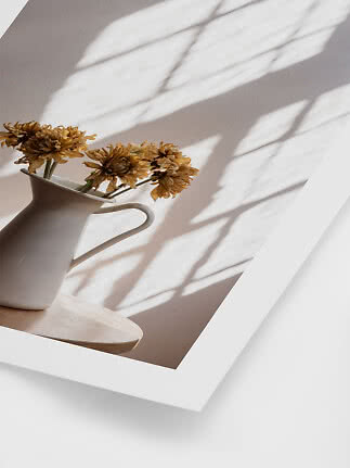 Weiße Kanne mit Trockenblumen auf Holzbrett im Sonnenlicht, Schattenmuster an der Wand