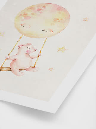 Watercolor print of a pink bear on a swing beneath a sleeping moon and small stars