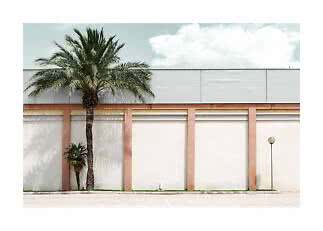 Palmera frente a edificio claro con columnas rosas, palmera pequeña y farola bajo cielo azul