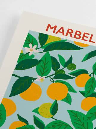 Poster with lemons, green leaves and blossoms on a light blue background