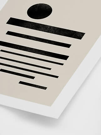 Abstract print with black lines and a circle on a beige background in a white frame