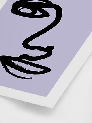 Minimalist line art poster with abstract face in black on light purple background