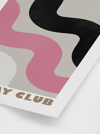 Abstracte poster met golvende vormen in roze, zwart en beige met witte rand