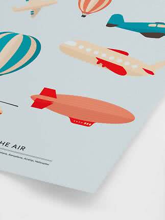 Illustration of airplanes, hot air balloons and an airship on a light blue background