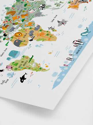 Illustrated world map poster with cute animals across continents and oceans.
