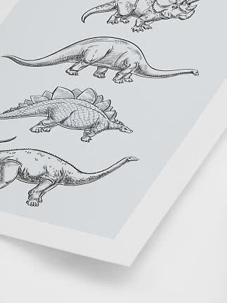 Framed print with black-and-white dinosaur illustrations on a light gray background
