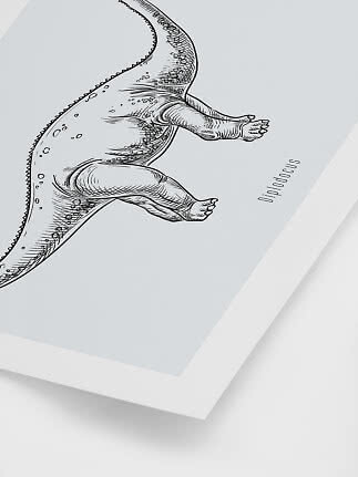 Framed poster with black line drawing of a Diplodocus on a light gray background