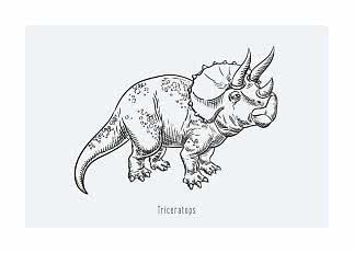 Black line drawing of a triceratops on a light blue background with the text "Triceratops"