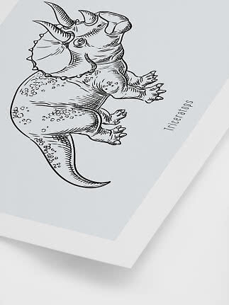 Poster with black line drawing of a triceratops on a light background