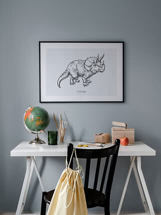 Desk with globe and framed triceratops print on a gray wall