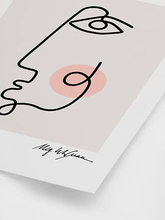 Dessin abstrait d’un visage avec joue rose sur affiche beige
