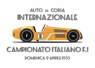 Vintage poster with yellow race car no. 8 and Italian racing text from 1933 on white background
