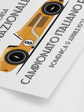 Poster with yellow race car illustration and text Campionato Italiano Domenica 9 Aprile 1933