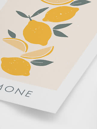 Minimalistisches Zitronenposter mit gelben Zitronen und grünen Blättern auf hellem Hintergrund