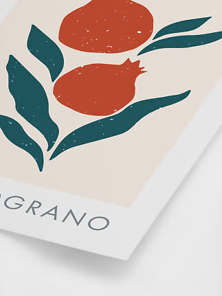 Affiche abstraite de grenade avec fruits rouges et feuilles vert foncé sur fond clair