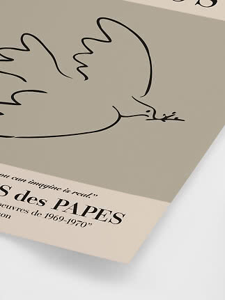 Minimalistisches Poster mit schwarzer Linienzeichnung einer Taube mit Zweig auf beigem Hintergrund
