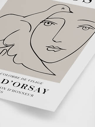 Minimalist art print with abstract face, dove, and French typographic details.