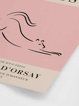 Minimalist poster with black line drawing of a resting cat on a pink background.