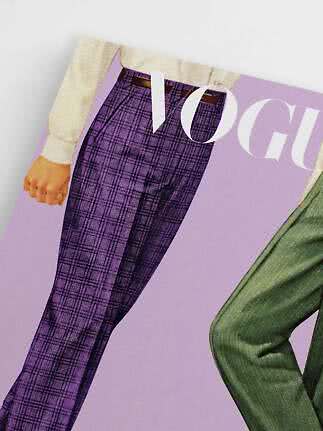 Purple plaid trousers in a fashion illustration with partial Vogue text
