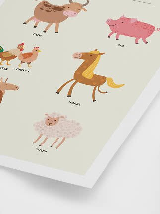 Children's poster with colorful farm animal illustrations and English labels.