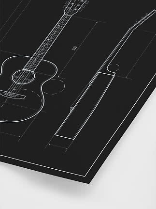 Sort plakat med teknisk stregtegning af en akustisk guitar og halsmål.