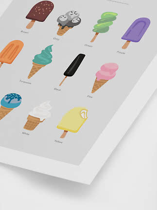 Poster with colorful illustrations of ice creams and popsicles, each labeled with a color.