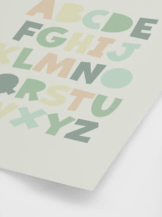 Poster with alphabet letters in soft pastel colors on a light background