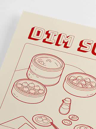 Poster mit roter Linienzeichnung von Dim-Sum-Körben und asiatischem Essen auf cremefarbenem Grund