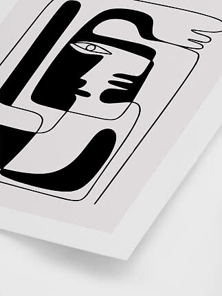 Minimalist black and white line art of a face and hand in a white frame