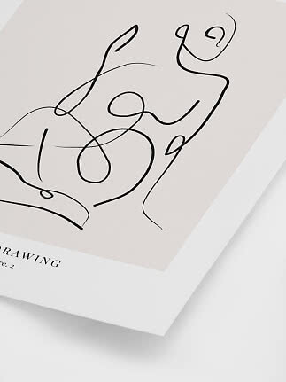 Affiche abstraite en line art avec dessin au trait noir continu d’une femme assise